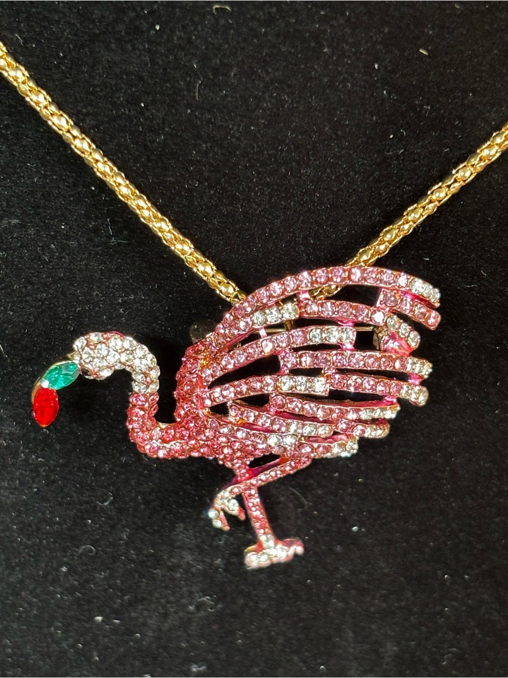 Betsey Johnson Pink Flamingo Crystal Pendant or Pin with stamped chain